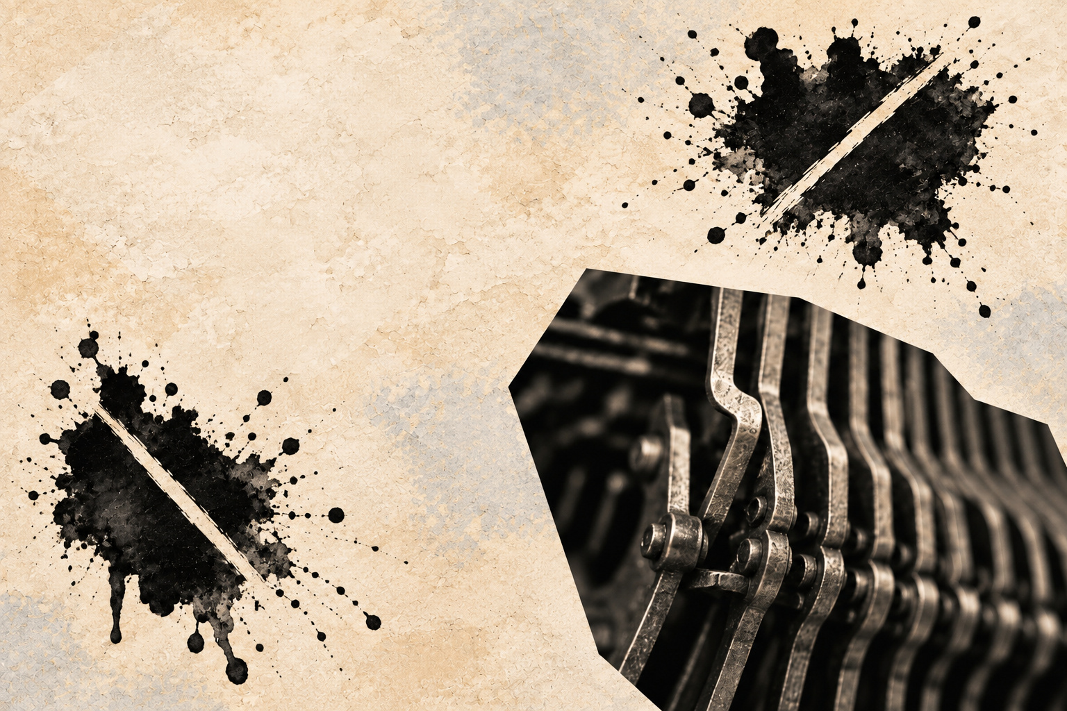 Two ink blots crossed by pale lines beside a close view of printing machinery on a warm plaster ground.
