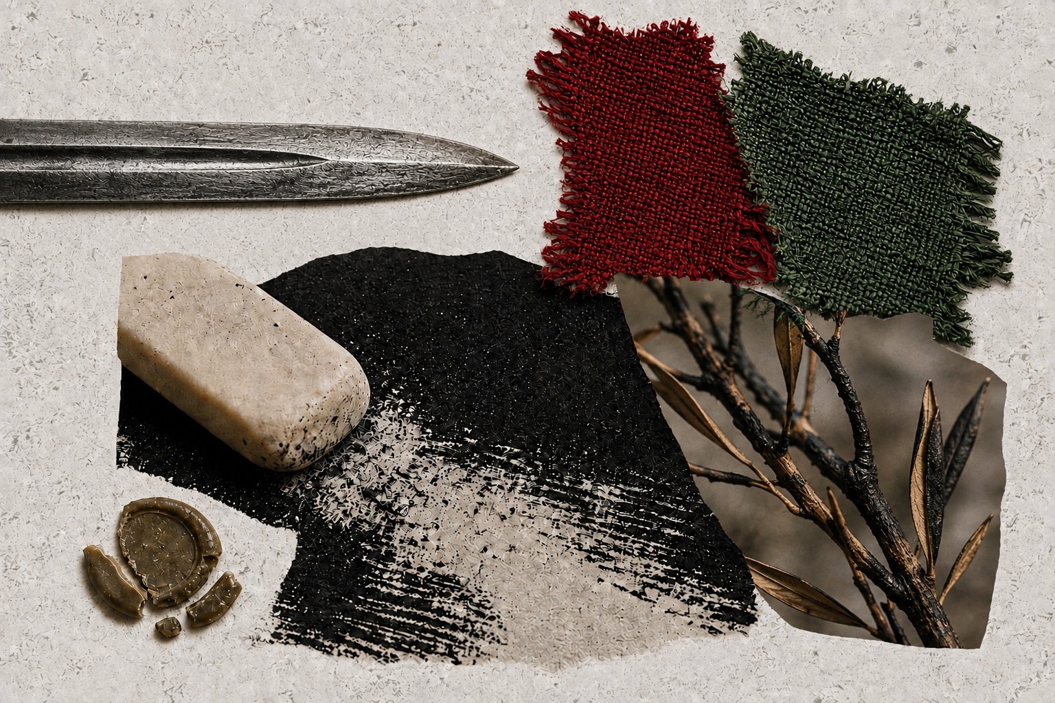 Symbolic collage with a blade, torn red and green fabric, a worn stamp, and a dry branch.