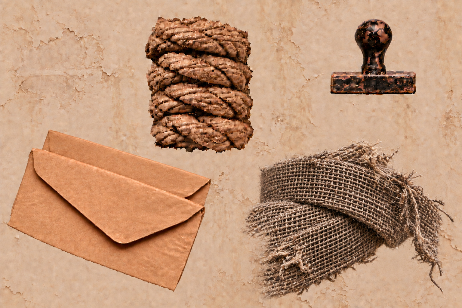 Close rope coils, a small stamp seen from the side, two blank manila envelopes, and worn linen against water-damaged plaster.