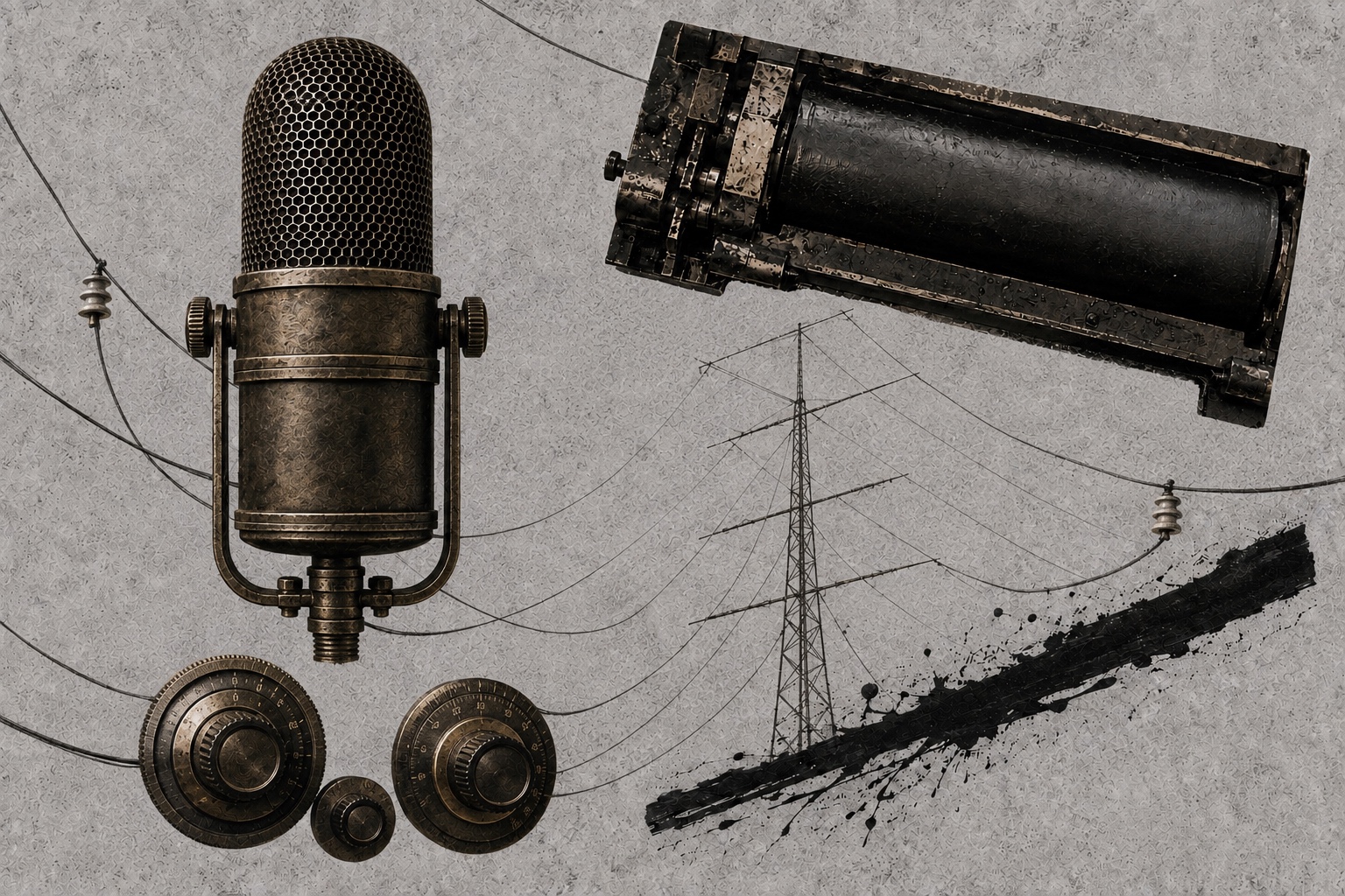 Symbolic collage with a microphone, printing roller, radio dials, wires, and a transmission mast.