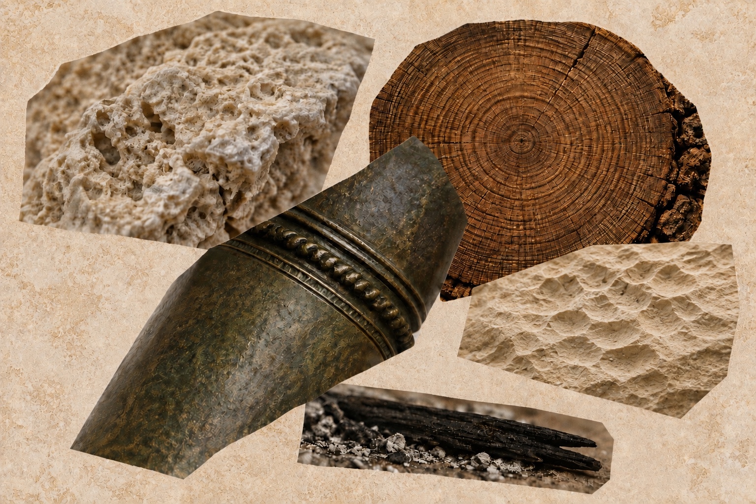 Symbolic collage with hewn stone, a cut tree trunk, metalwork, and dark timber.