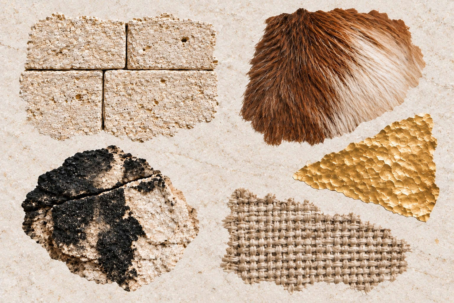 Intact and scorched limestone, the coat of a living goat, hammered gold, and woven linen on a pale mineral ground.