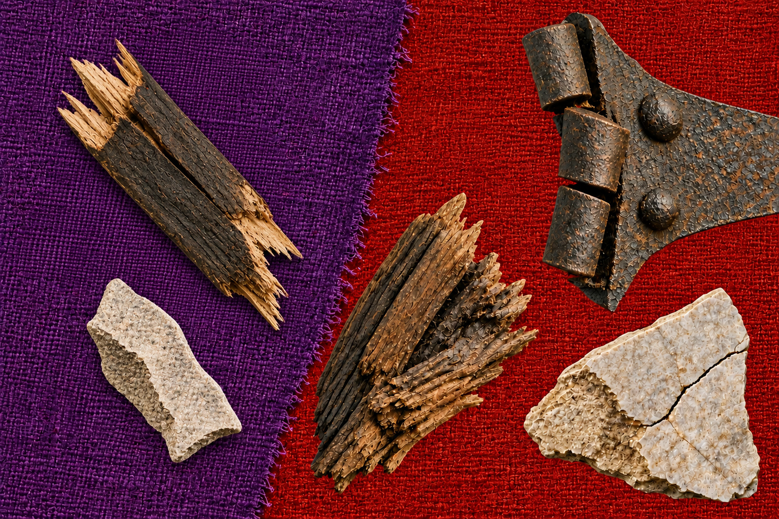 Splintered wood, a bent iron hinge, and broken stone over separate purple and red fabric layers.