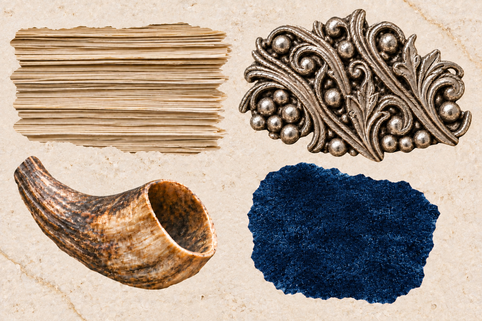 The edges of a paper stack, silver filigree, a shofar, and blue velvet on a pale stone ground.