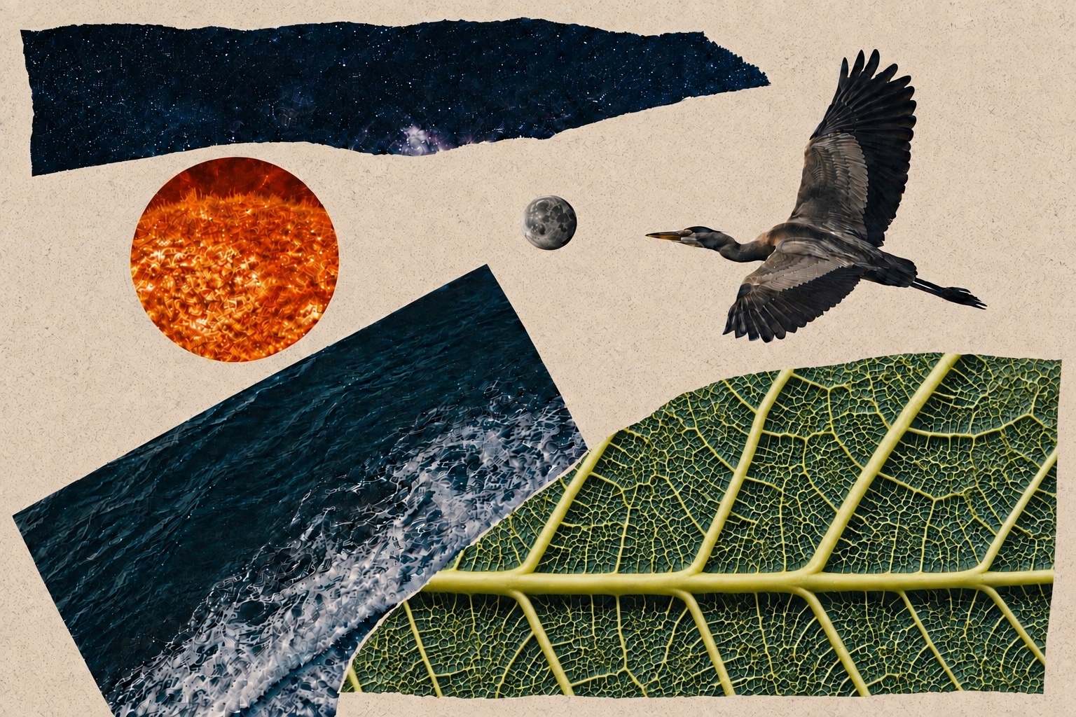 Symbolic collage with stars, a glowing circle, water, a leaf, a moon, and a bird.