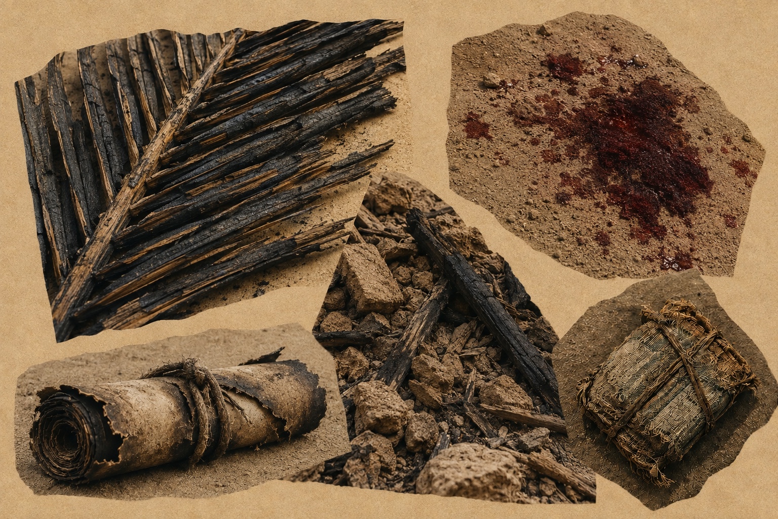 Symbolic collage with charred timber, rubble, a rolled scroll, stained stone, and woven cloth.