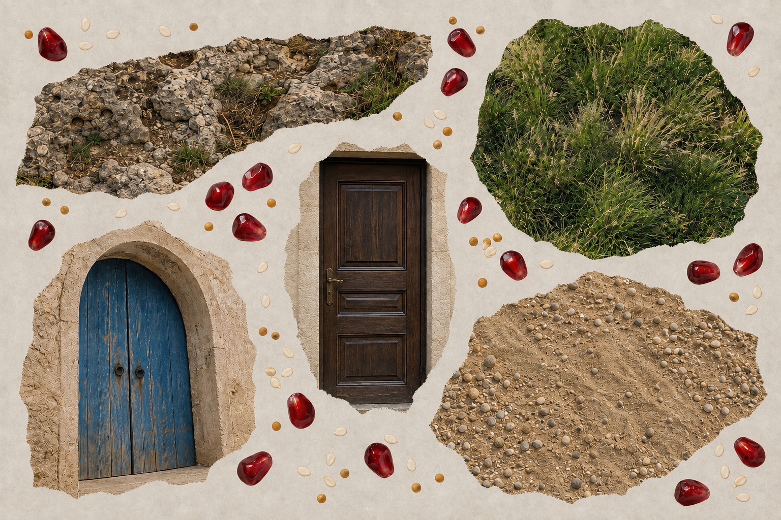 Symbolic collage with two doors, rocky and grassy ground, and scattered red and pale seeds.