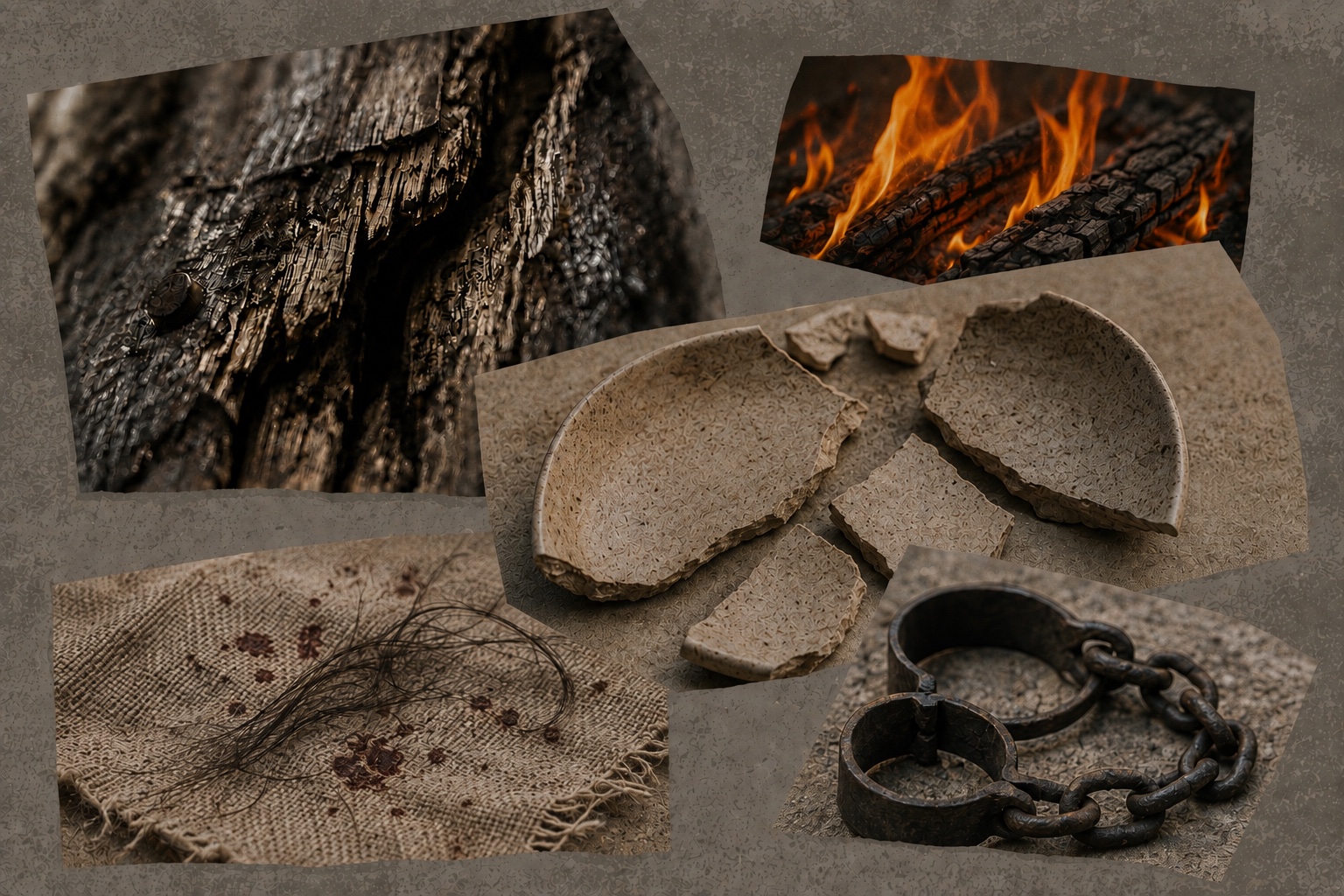 Symbolic collage with burnt wood, flames, broken pottery, stained cloth, and an iron chain.
